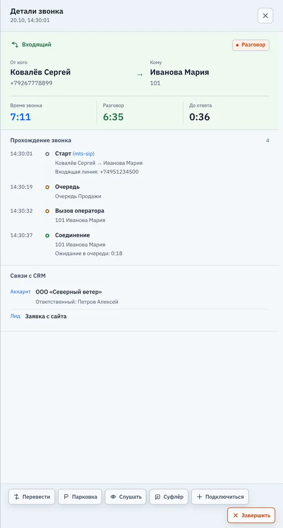 Карточка звонка: хронология прохождения и связи с CRM